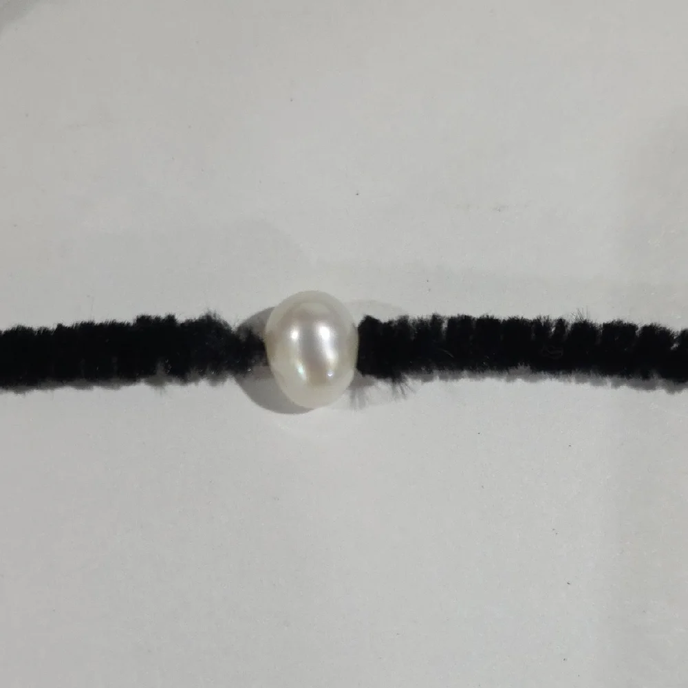 Black Fuzzy Cord Pearl Choker – White Faux Bead Minimalist Statement Jewelry